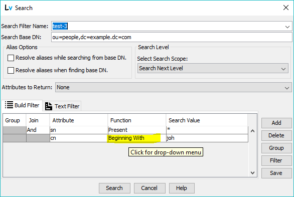 Search Dialog - select filter