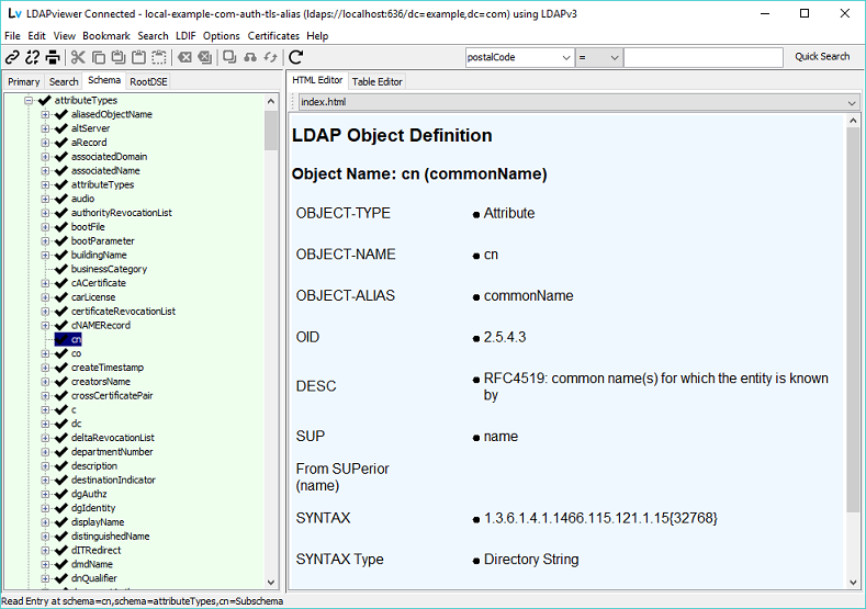 Schema Window cn attribute - HTML editor